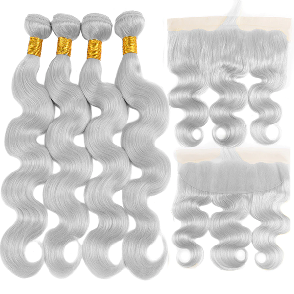 silver gray Body Wave 4 Bundles With 13x4 frontal Brazilian Human Hair Weave