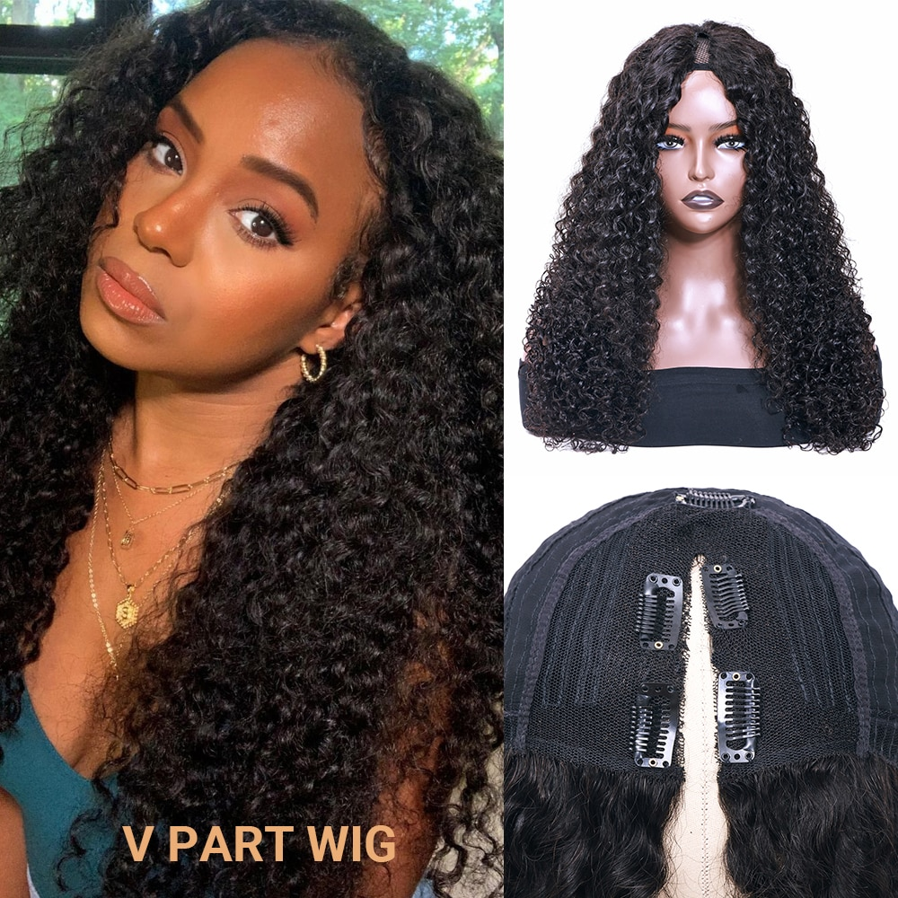 New V Part Kinky Curly Upgrade No Leave Out Brazilian Remy Glueless Human Hair Wigs For Women