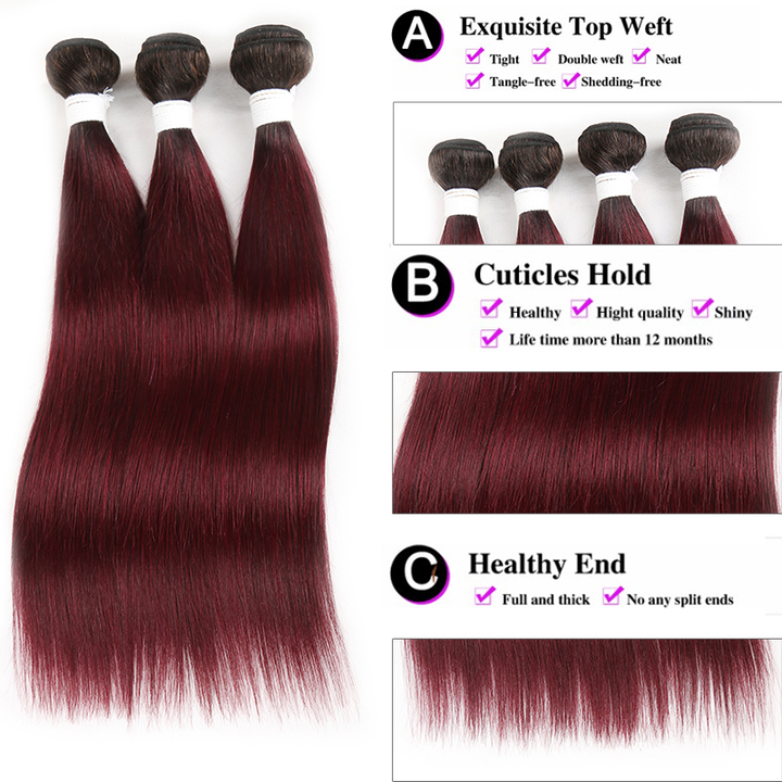 lumiere 1B/99J Ombre Straight Hair 4 Bundles With 13x4 Lace Frontal Pre Colored Ear To Ear