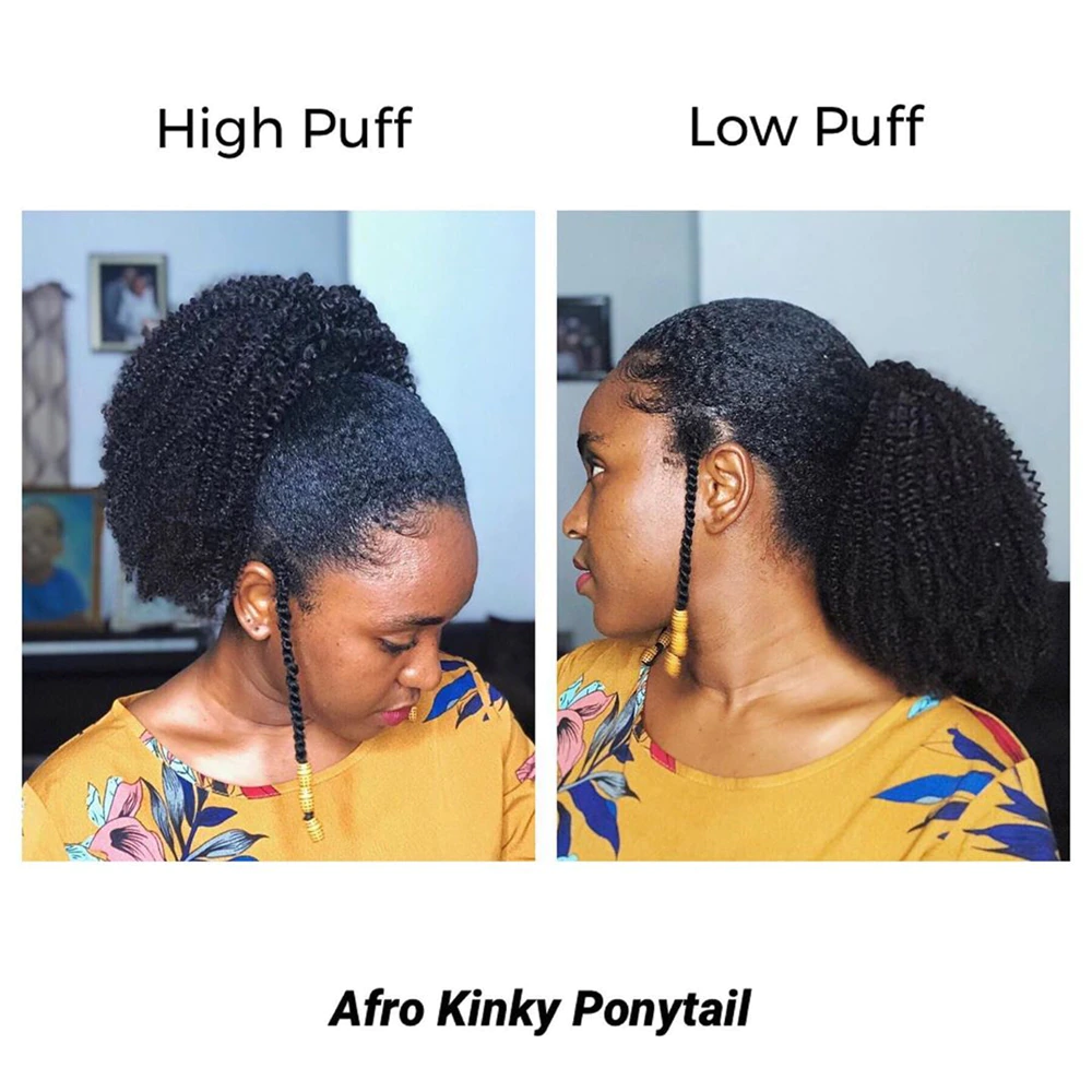 Extensões de cabelo humano afro encaracolado enrolado em torno de rabo de cavalo peruca de cor natural 