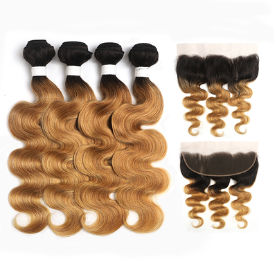 1B/27 Ombre Body Wave 4 Bundles With 13x4 Lace Frontal Pre Colored Ear To Ear
