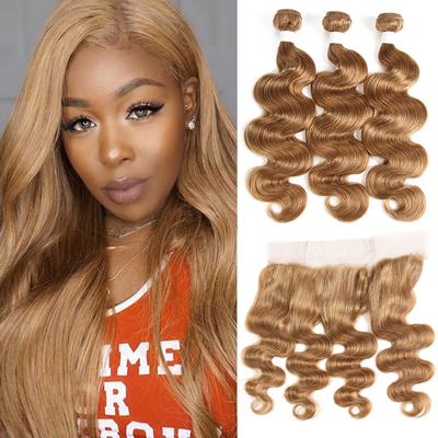 lumiere #27 light Brown body wave 3 Bundles With 13x4 Lace Frontal Pre Colored Ear To Ear - Lumiere hair