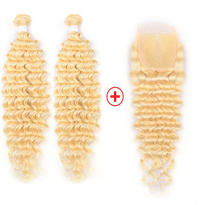 613 Blonde deep Wave 3 Bundles with 4x4 closure with HD transparent lace human hair
