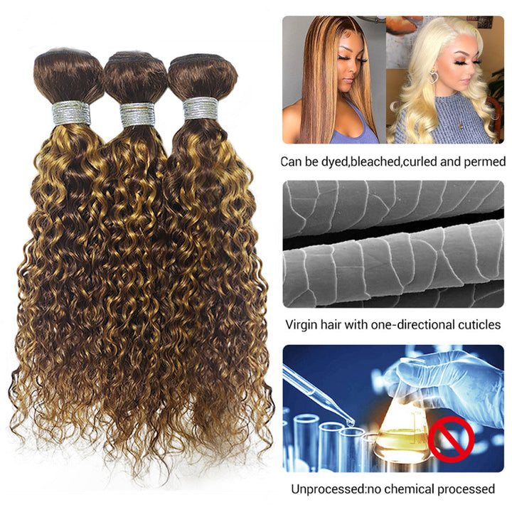 Highlight P4/27 Water Wave 3 pacotes com fechamento de renda transparente 4X4 cabelo brasileiro 