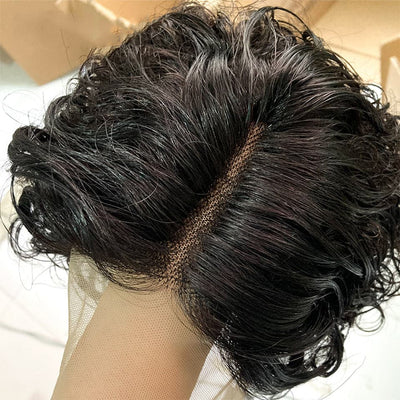 Short Pixie Cut Water Wave Bob T Part Lace Left Side Part Wig For Women Pre Plucked Hairline