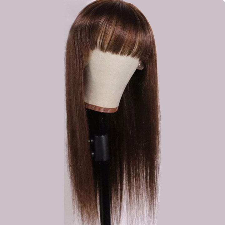 #4 Peruca de renda marrom reta completa feita à máquina com franja cabelo humano 