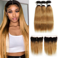 lumiere 1B/27 Ombre Straight Hair 3 Bundles With 13x4 Lace Frontal Pre Colored Ear To Ear