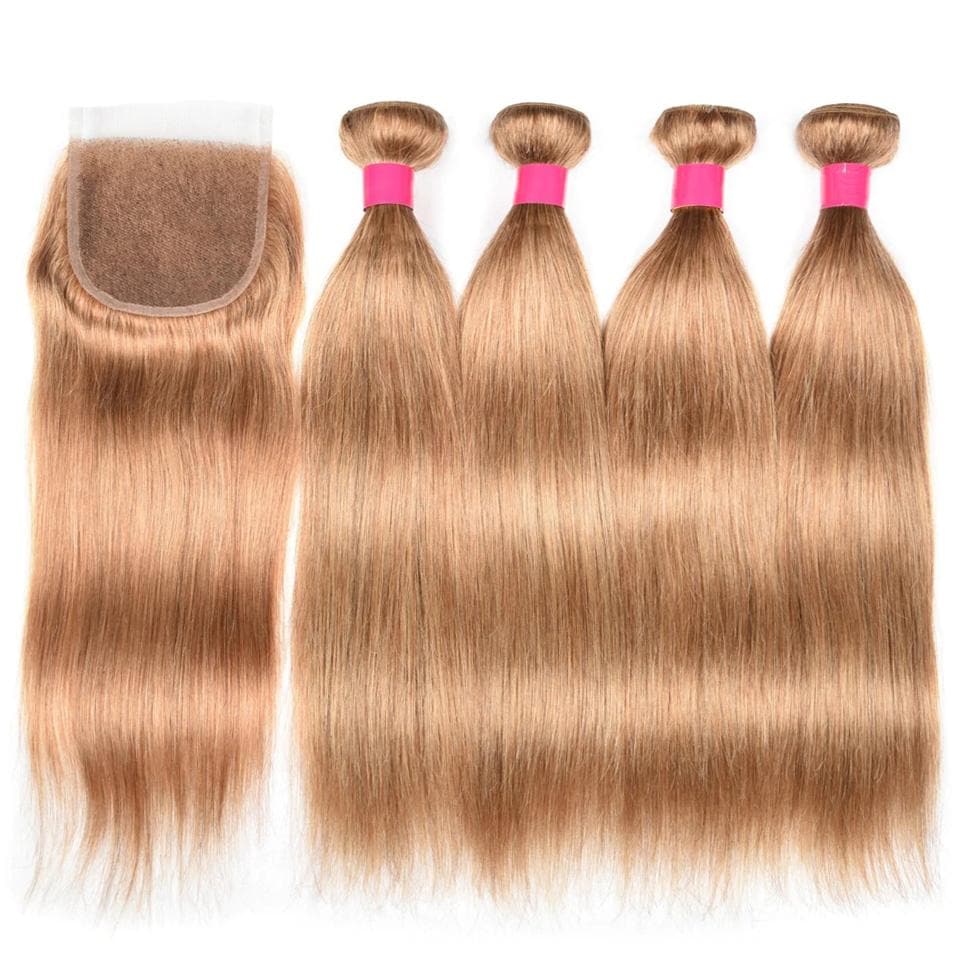 #27 light Brown Straight Hair 4 Bundles With 4x4 Lace Closure Pre Colored human hair - Lumiere hair