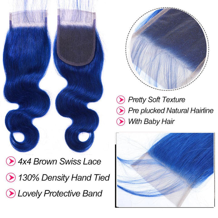 Klein Blue Colored Body Wave 3 pacotes com extensões de cabelo humano 4x4 HD com fecho de renda 
