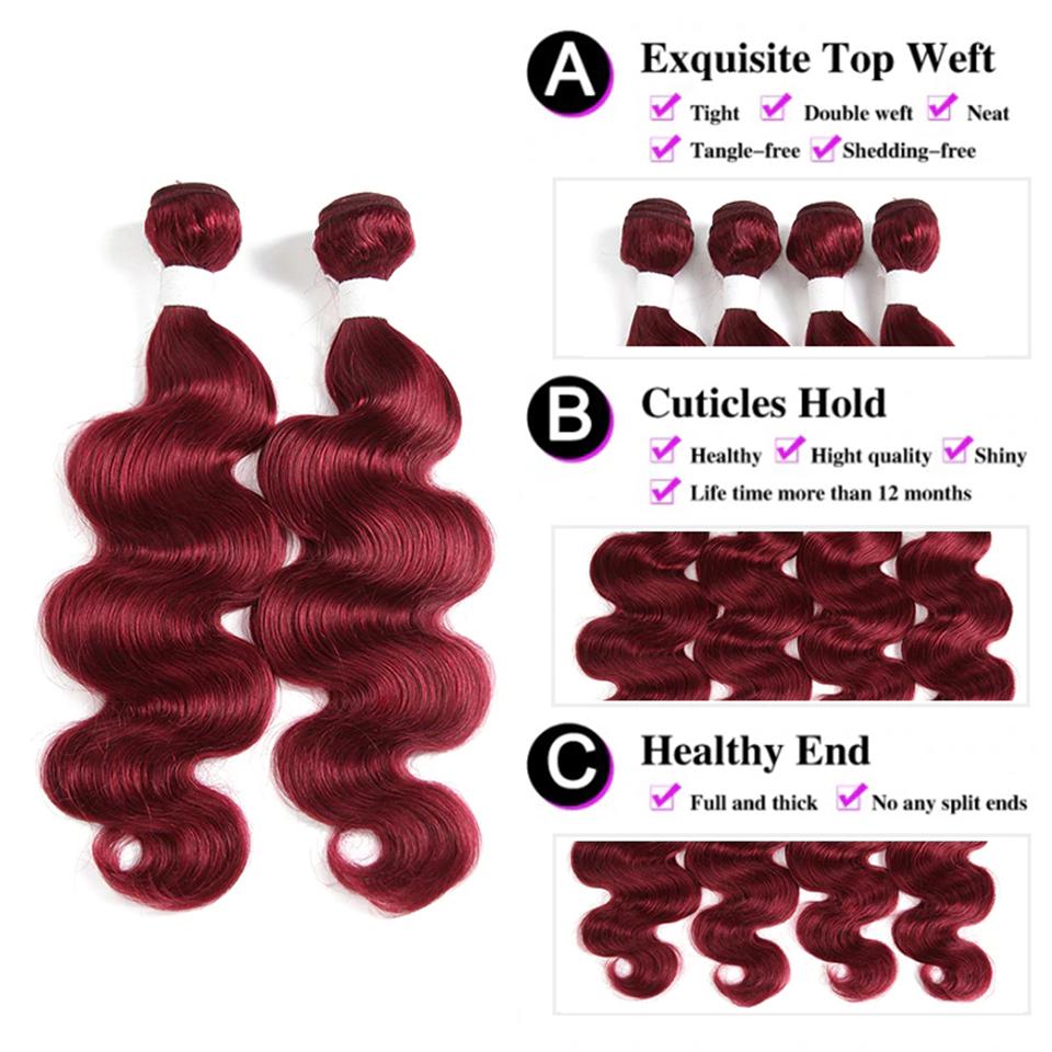 color burg body wave 3 faisceaux avec fermeture 4x4 pré colorés 100% cheveux humains vierges 