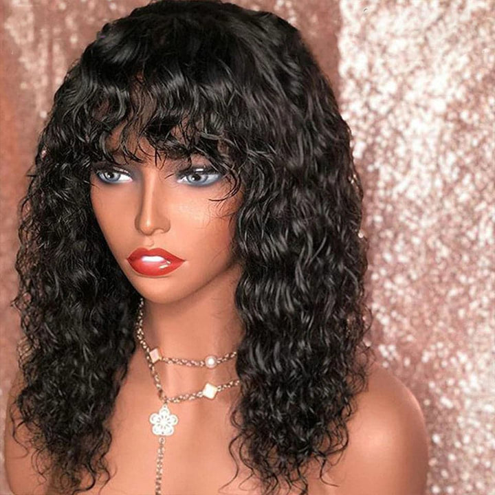 Water Wave Natural Looking Full Machine Made Wigs With Bangs 8-30 inches None Lace