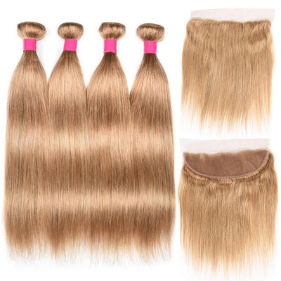 lumiere #27 light Brown Straight Hair 4 Bundles With 13x4 Lace Frontal Pre Colored Ear To Ear - Lumiere hair