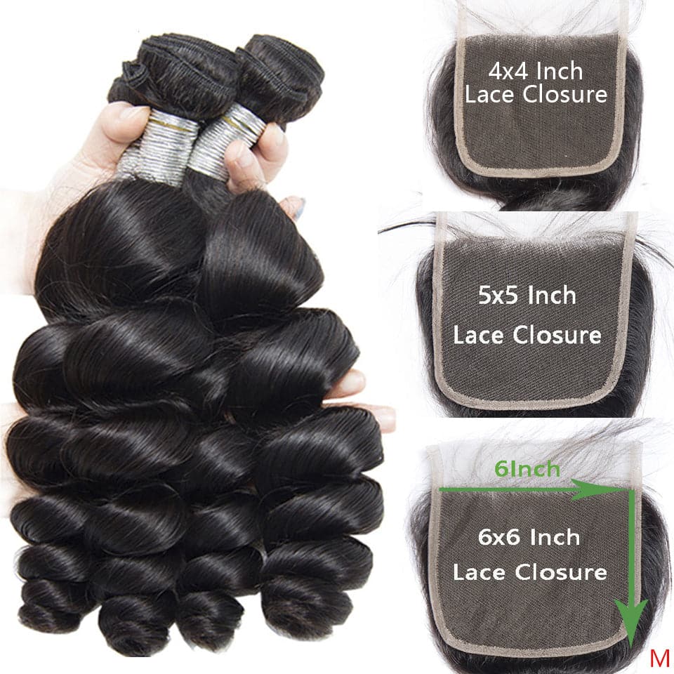 Loose Wave 4 Bundles With Closure 6x6 lace 100% virgin human hair