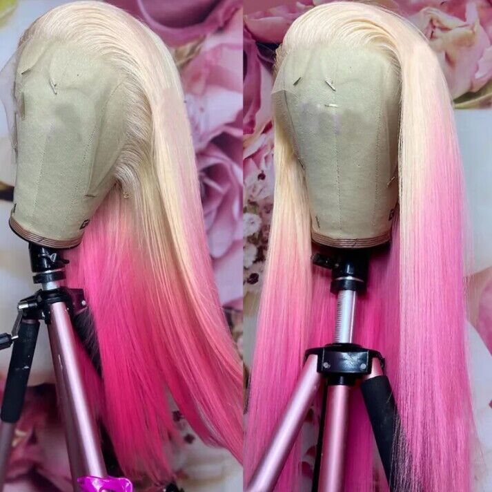613 Blonde & light pink straight hair lace front human hair Wigs for black women 150% density
