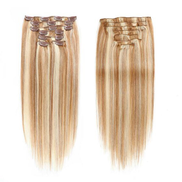 #12/613 Highlight Straight Hair Clip In Human Hair Extensions 7 Pieces/Set 120G