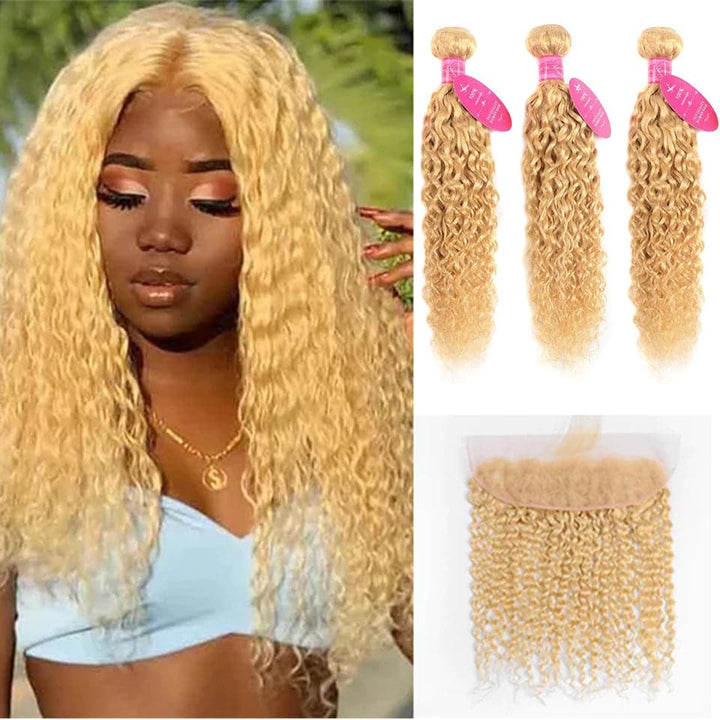 613 Blonde Water Wave 3 Bundles with 13x4 frontal transparent lace with baby hair
