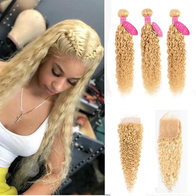 613 Blonde Water Wave 3 Bundles with 4x4 closure with transparent lace