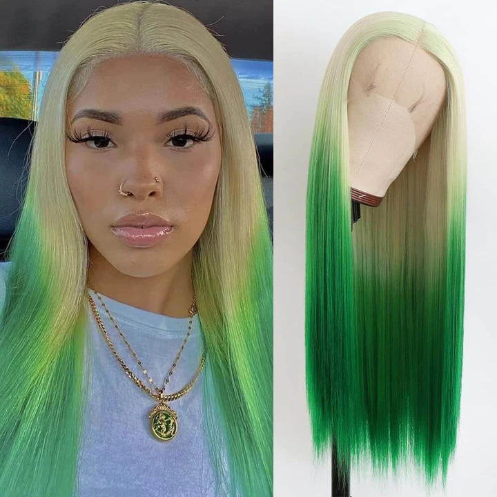 Blonde & Green Ombre Color Straight 13x4/4x4 Lace Frontal Human Hair W ...