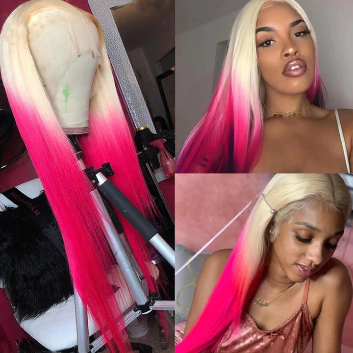 Blonde &amp; Pink Ombre Color Straight 13x4/4x4 Lace Frontal Human Hair Wig 150%/180% Density 