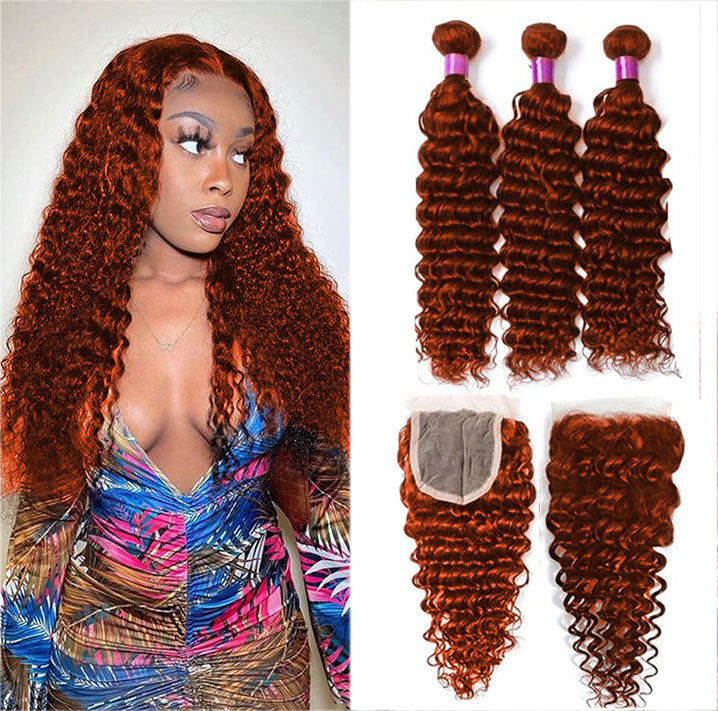 #350 Ginger Deep Wave 3 pacotes com fechamento de renda 4x4 cabelo humano 