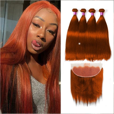 Ginger 350 Straight 4 Bundles With 13*4 Lace Frontal Peruvian Hair