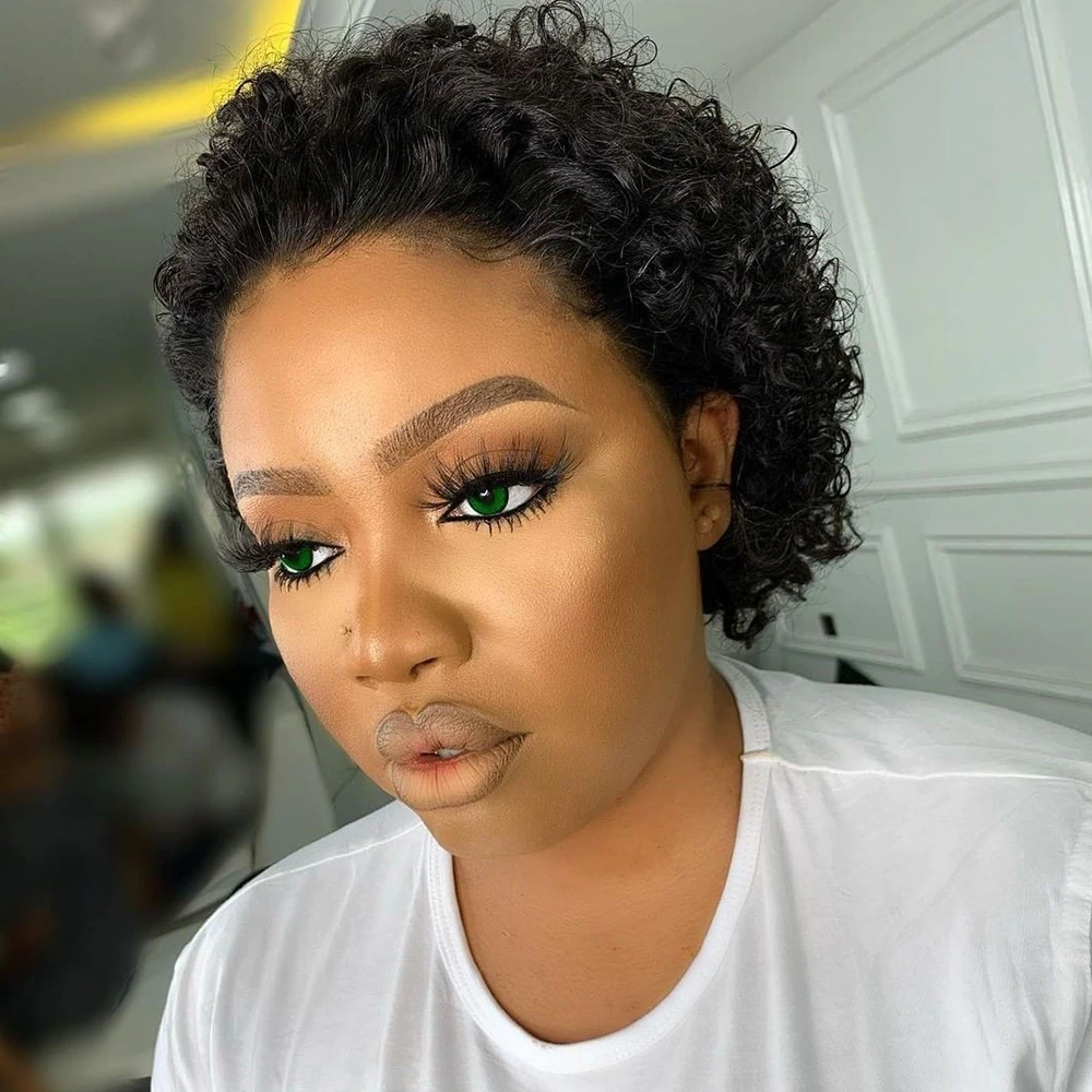 Pixie Cut Curly Bob 100% Human Hair Full Machine Made No Lace Gift Wigs