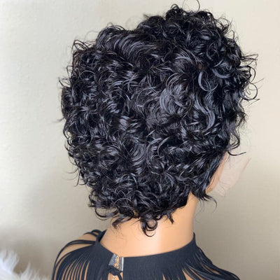 Natural Black 13x1 T Lace Side Part Kinky Curly Short Pixie Cut Bob Wigs For Women