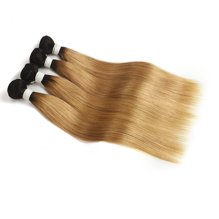 lumiere 1B/27 Ombre Cheveux Raides 4 Faisceaux Avec 13x4 Dentelle Frontal Pré Coloré Oreille À L'oreille 