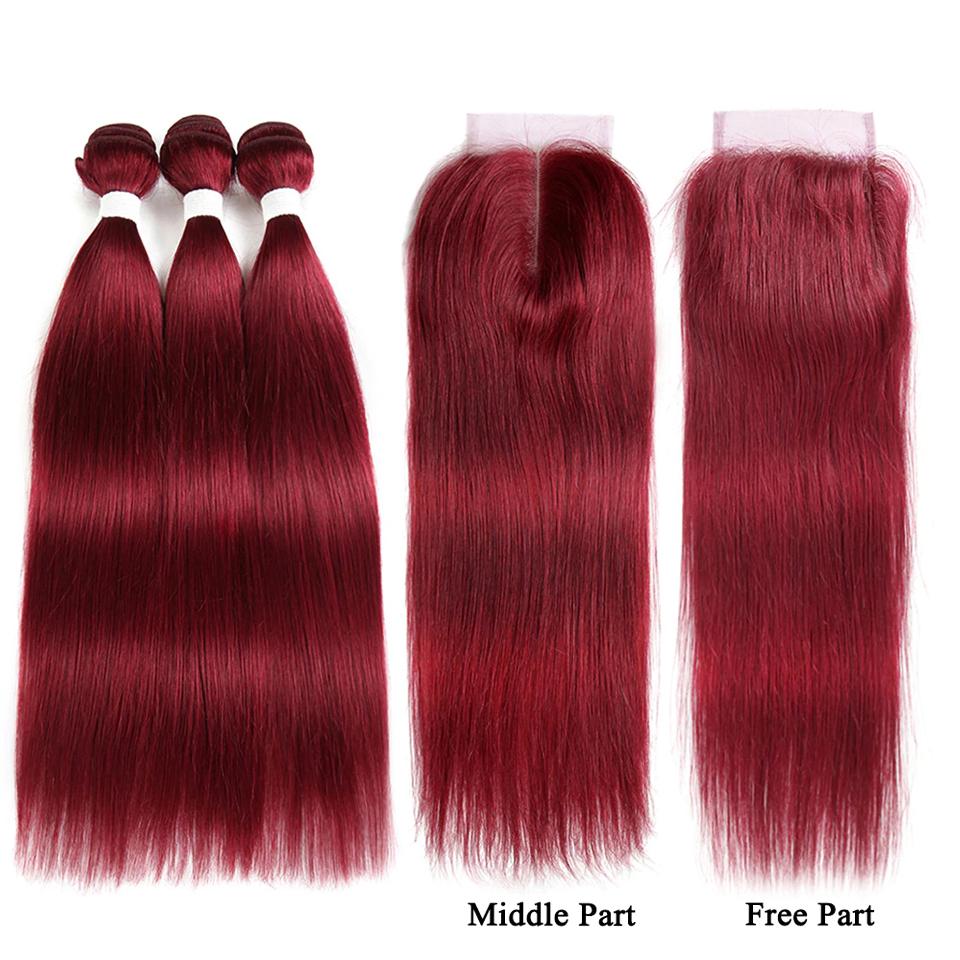 cabelo liso colorido burg 3 pacotes com fechamento 4x4 pré colorido 100% cabelo humano virgem 
