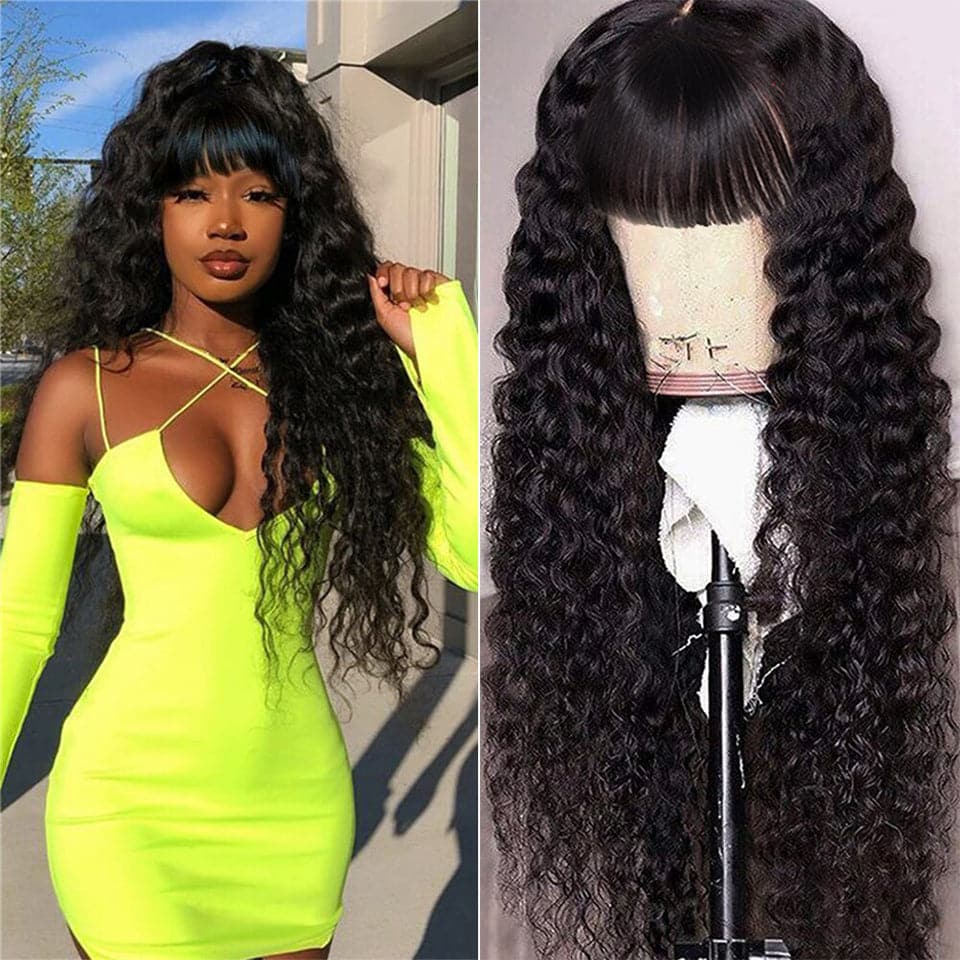 Lumiere Kinky Curly Machine Made None Lace Wig With Bangs Perruques de cheveux humains 