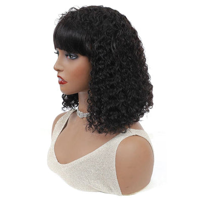 14 Inch Kinky Curly Short Bob Human Hair With Straight Bangs None Lace