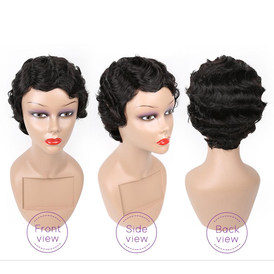 Pixie Cut Finger Wave Short Bob Full Machine None Lace Front Wigs 100% Human Hair Goodcang