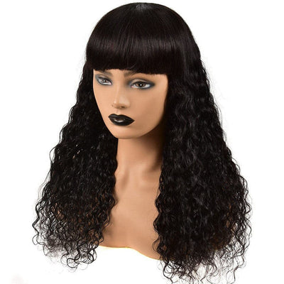 Water Wave Full Machine Made None Lace Front Wigs With Bangs Human Hair Wigs