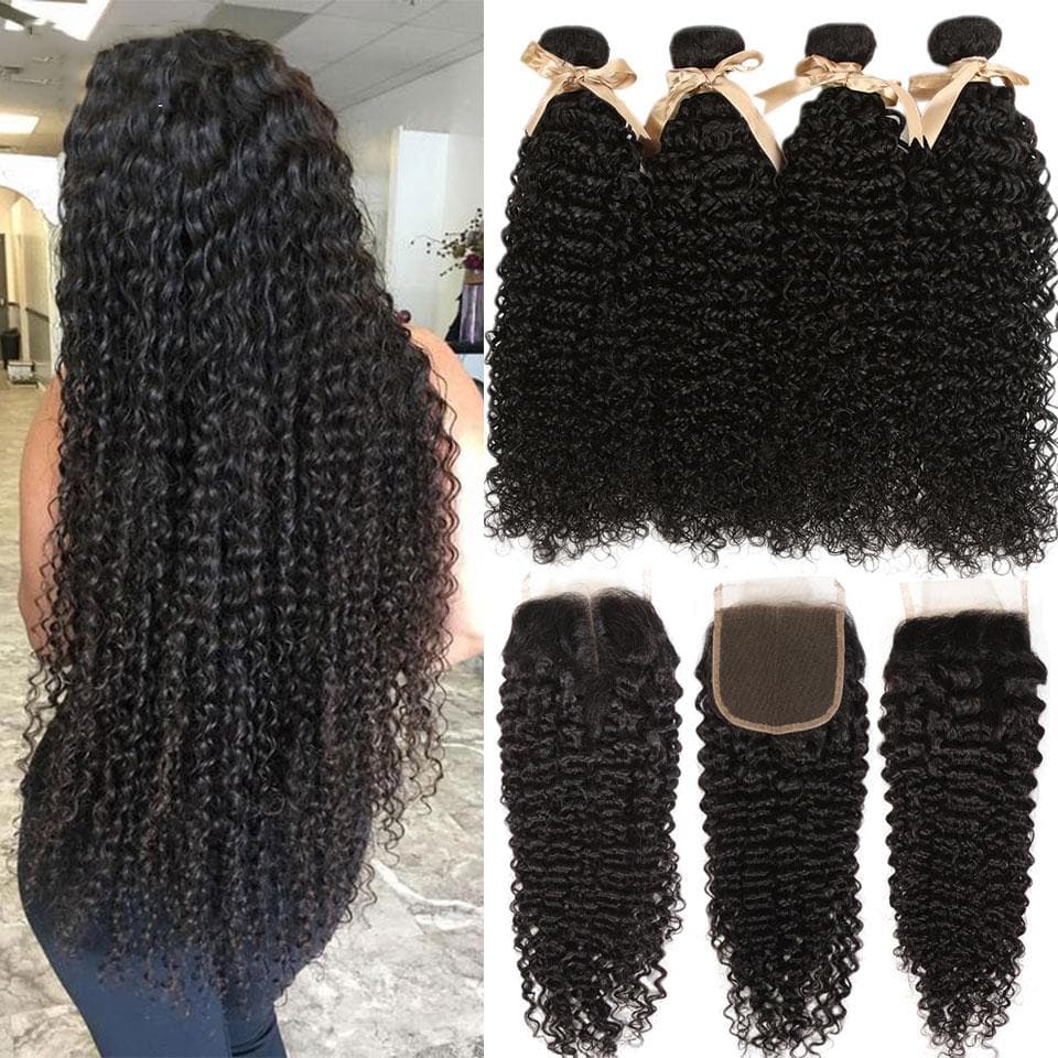 Cheveux bouclés malaisiens crépus 4 faisceaux avec fermeture Extensions de cheveux humains pré-plumés avec fermeture à lacet 4x4
