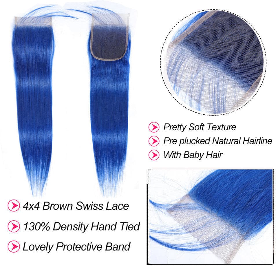 Klein Blue Colored Straight 3 Bundles with 4x4 HD Lace Closure Human Hair Extensions