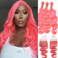 Light Pink Color Body Wave 3 Bundles with 4x4 HD Lace Closure Human Hair Extensions