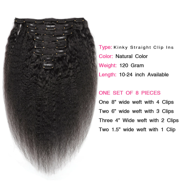 Clip droit Kinky dans les extensions de cheveux humains 8 pièces/ensemble 120G livraison gratuite 