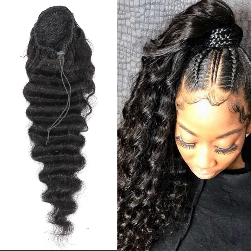 Extensions de cheveux humains en queue de cheval avec cordon de serrage profond 120 g/ensemble de cheveux noirs naturels 