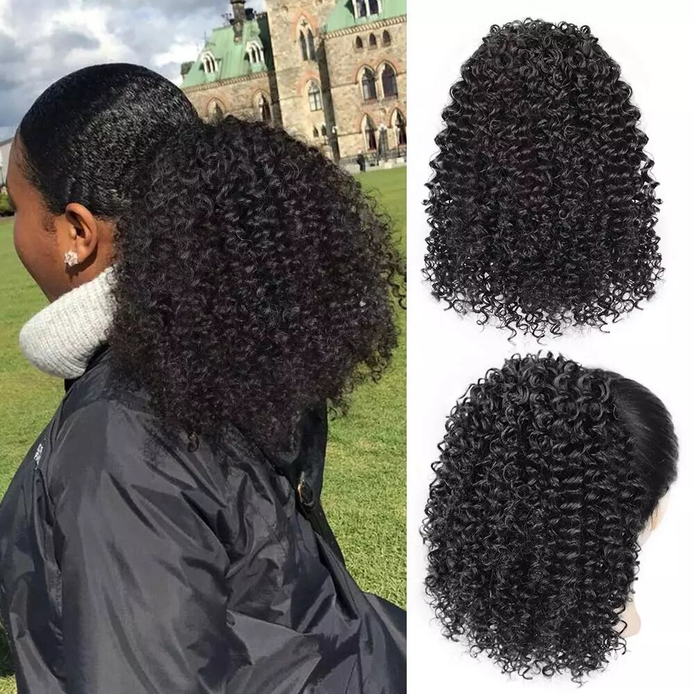 Kinky Curly Wrap Around Ponytail Human Hair Extensions Natural Color Hairpiece