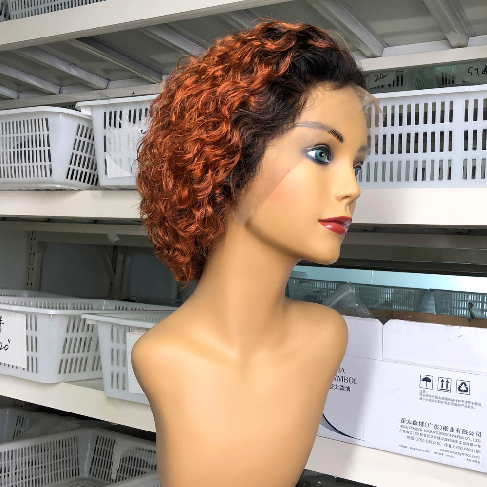 1B/33 Color Short Curly Bob Pixie Cut Wigs 13×1 Lace Frontal Virgin Human Hair