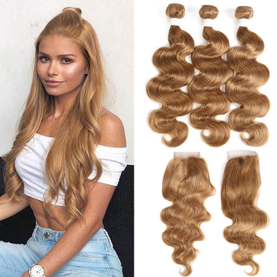 lumiere #27 light Brown Body Wave 3 Bundles With Closure 4x4 pre Colored 100% virgin human hair - Lumiere hair