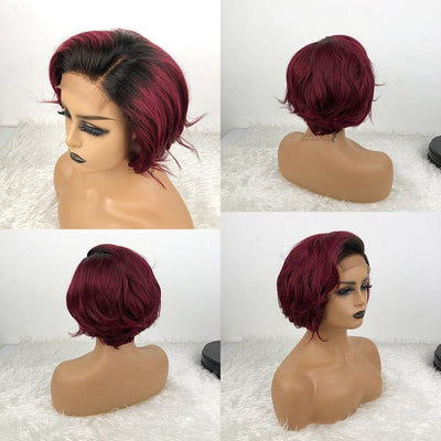 1B/99J 13x1 T Lace Side Part natural wave Short Pixie Cut Bob Wigs For Women