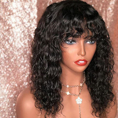 Water Wave Natural Looking Full Machine Made Wigs With Bangs 8-30 inches None Lace
