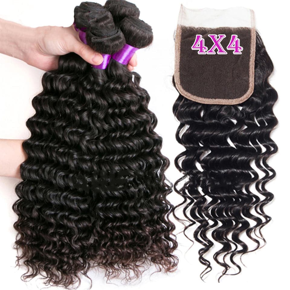 Vague profonde 28 30 40 pouces 4 faisceaux avec fermeture 4x4 cheveux brésiliens Remy 100% extensions de cheveux humains bouclés naturels