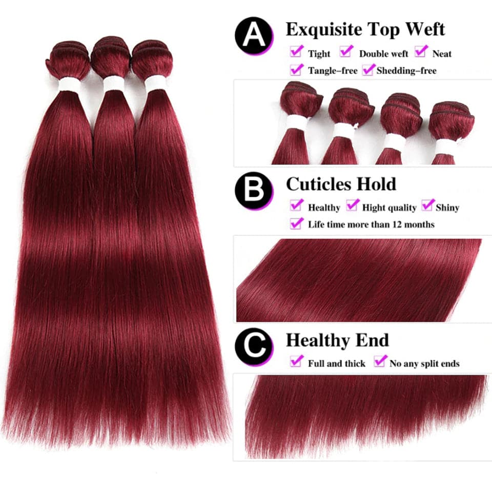 lumiere Burg Straight Hair Weave 4 Bundles 100% Virgin Human Hair Extension