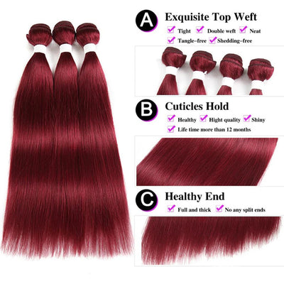 Red Bundles Color burg straight hair 4 Bundles With 13x4 Lace Frontal Pre Colored Ear To Ear