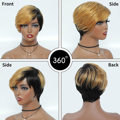 # 1B / 27 Short Pixie Cut Straight Bob avec Bangs Full Machine No Lace Human Hair 