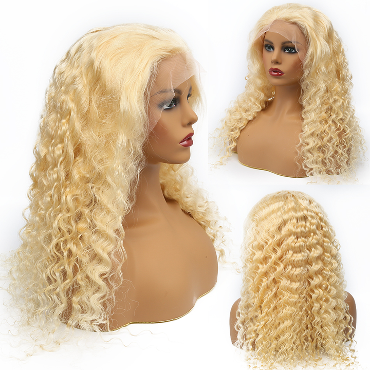 613 Blonde T Part Deep Wave Lace Wigs pré-plumées avec des cheveux de bébé 