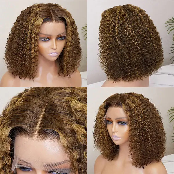 P4/30 Highlight Color Kinky Curly Short Bob 13X4 Lace Frontal Human Hair Wigs