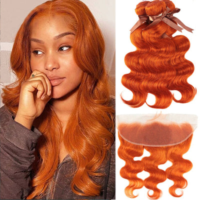#350 Orange Color Body Wave 3 Bundles With 13X4 Lace Frontal Human Hair